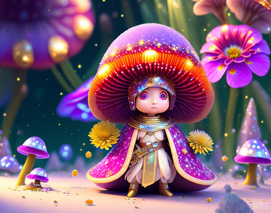 Fantasy character with mushroom cap hat in vibrant landscape