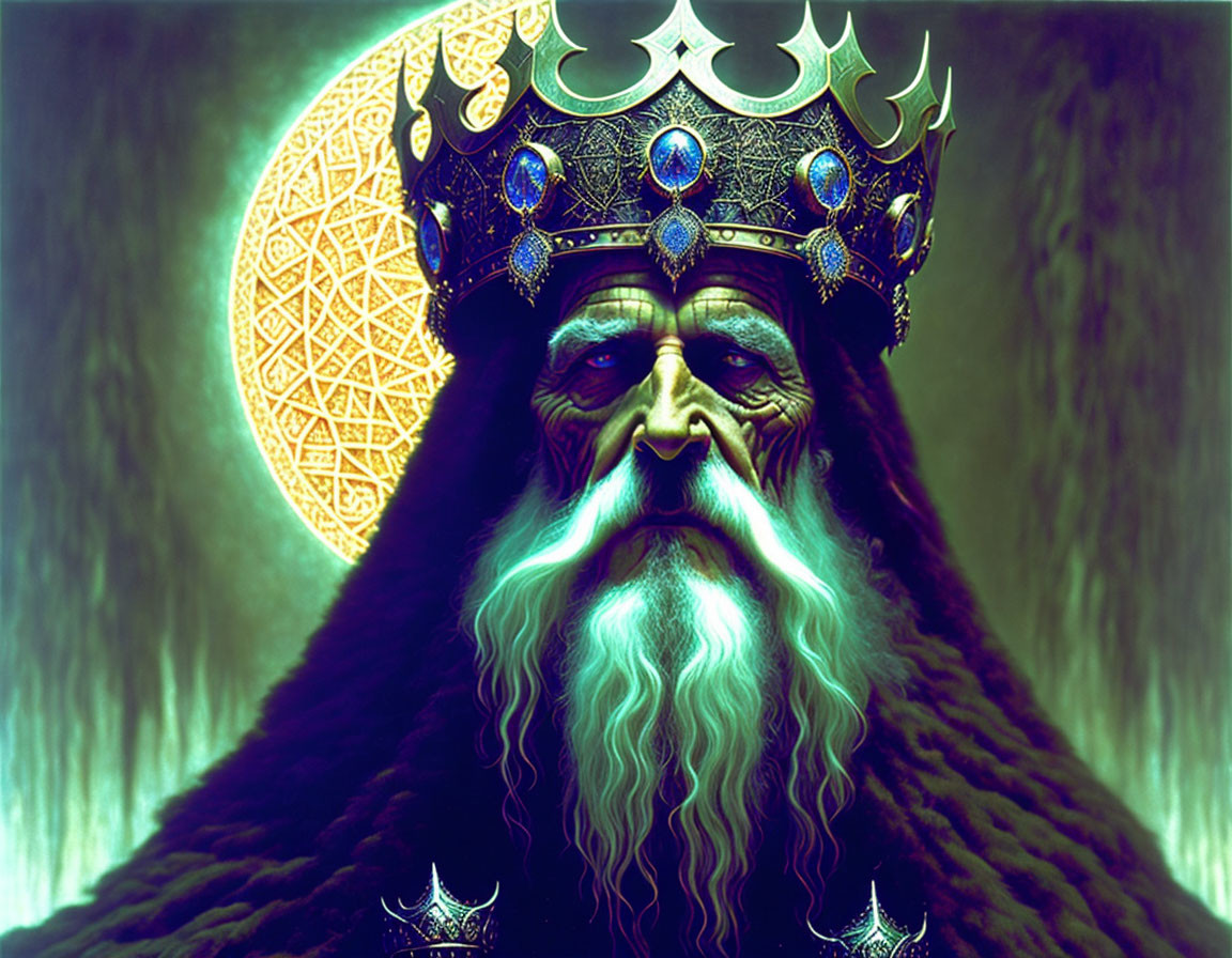 Regal figure with long beard and ornate crown on golden circular backdrop