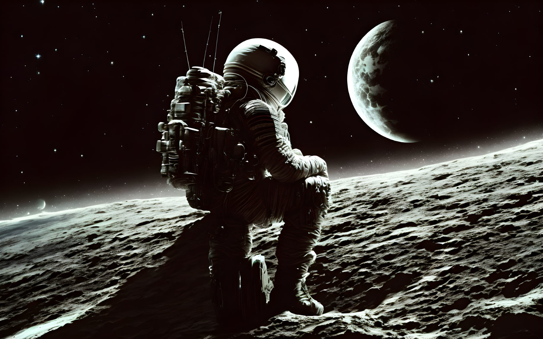 Astronaut walking on lunar surface with planet in sky