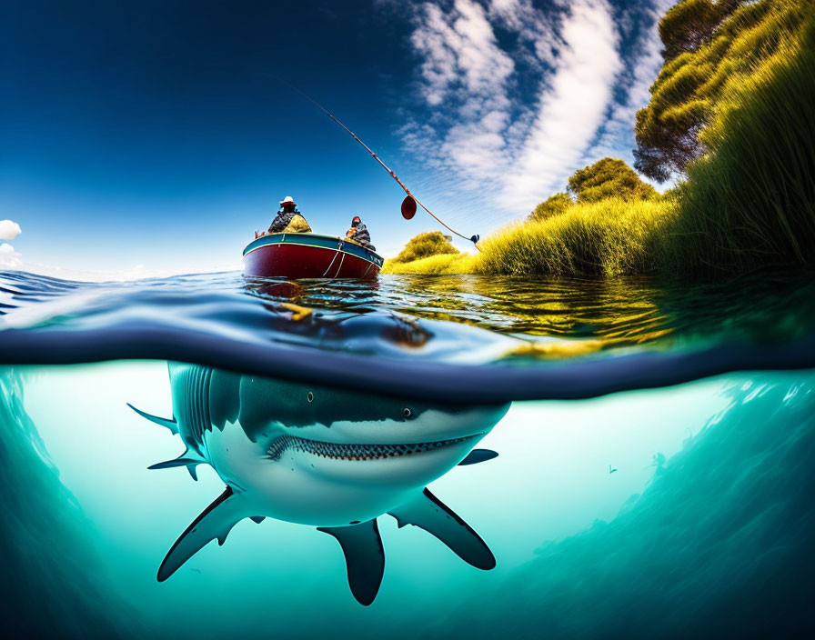 Serene Lake with Fishermen on Boat and Shark Below