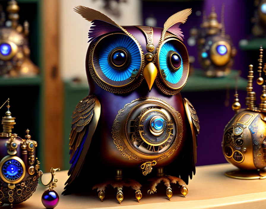 Detailed Steampunk Owl Artwork with Mechanical Features