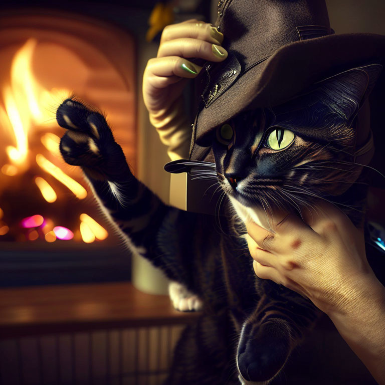 Steampunk cat with raised paw and glowing fireplace.