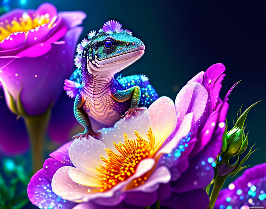 Colorful iridescent lizard on purple and pink flower with dark blue background