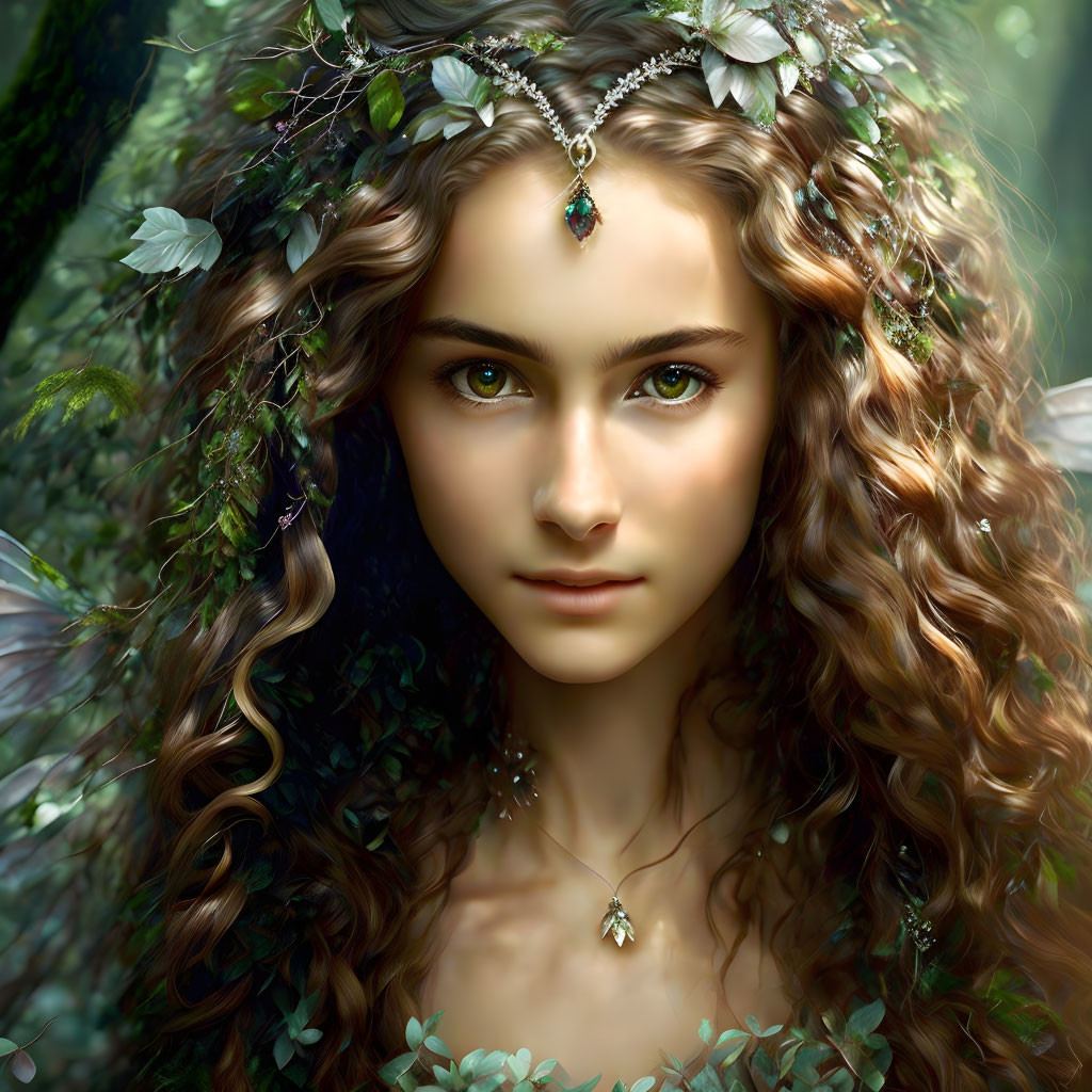 Digital portrait of young woman with curly hair, jeweled headpiece, and forest backdrop