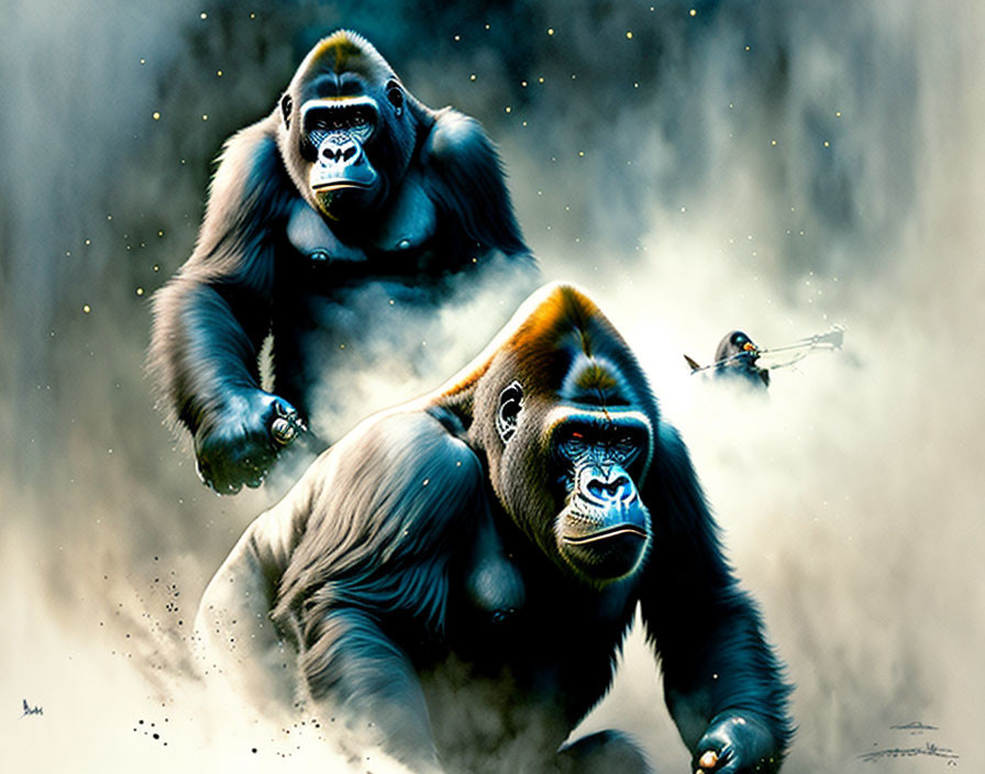 Intense gorillas in misty setting with flying bird