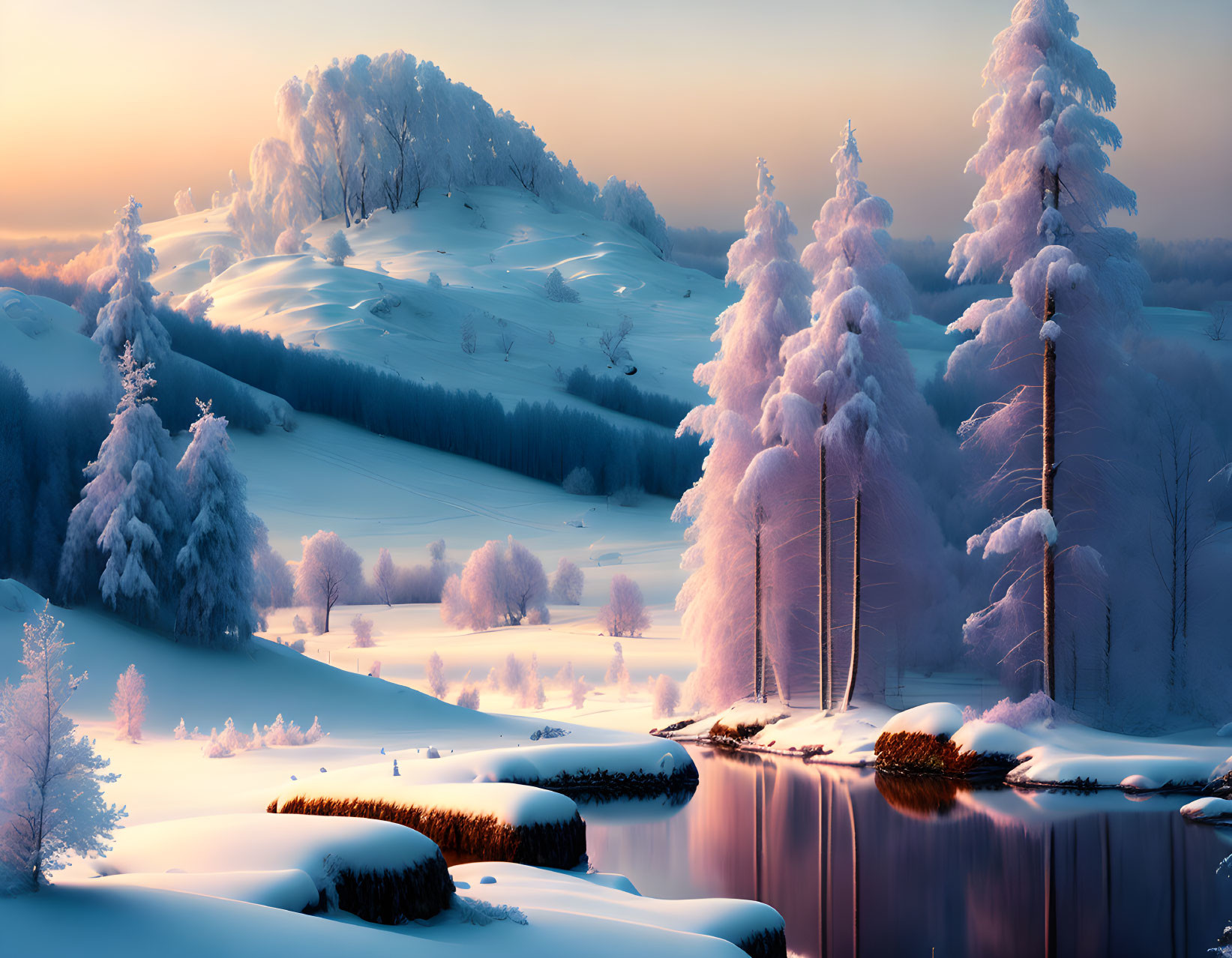 Snow-covered trees, tranquil river, and sunset over hills in serene winter landscape