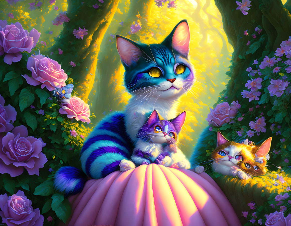 Colorful Illustration: Three Cats with Blue and Orange Fur Among Pink Roses in Enchanted Forest