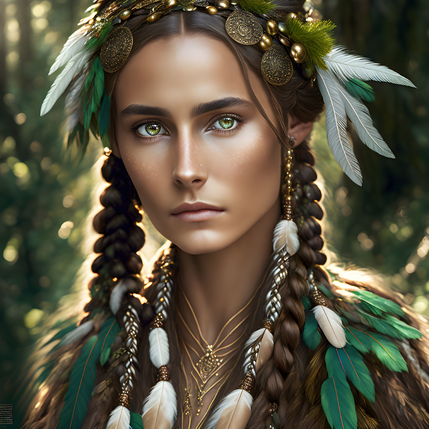 Digital portrait of a woman with green eyes, feathered headdress, jewelry, and braided hair