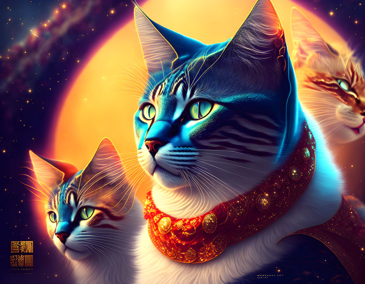 Stylized cats with blue eyes and golden accessories in cosmic setting