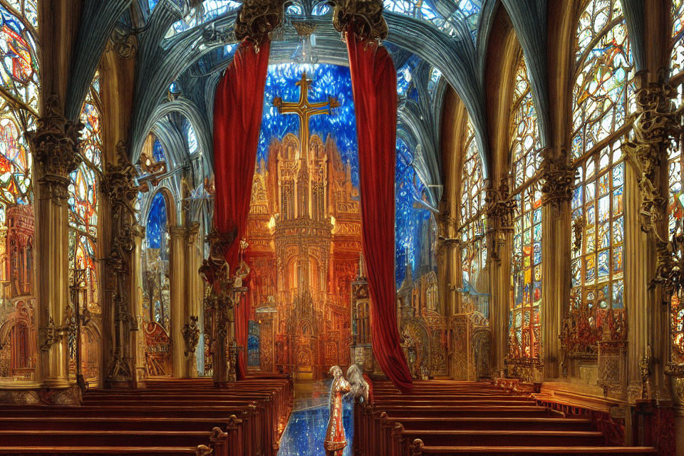 Gothic Cathedral Interior with Stained Glass Windows and Vaulted Ceilings