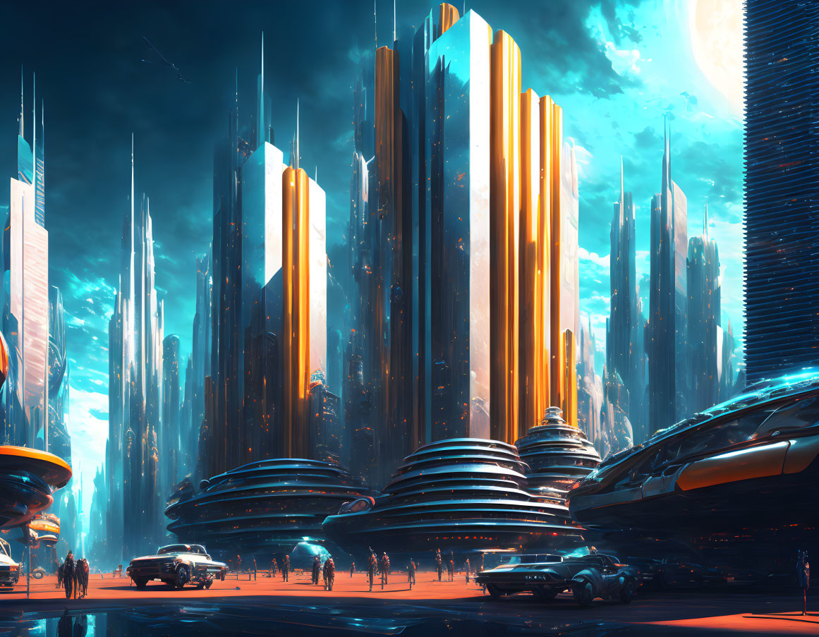 Futuristic cityscape with towering skyscrapers and flying vehicles