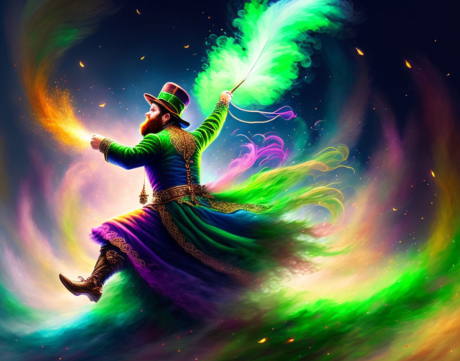 Colorful illustration of man in traditional costume dancing with feather