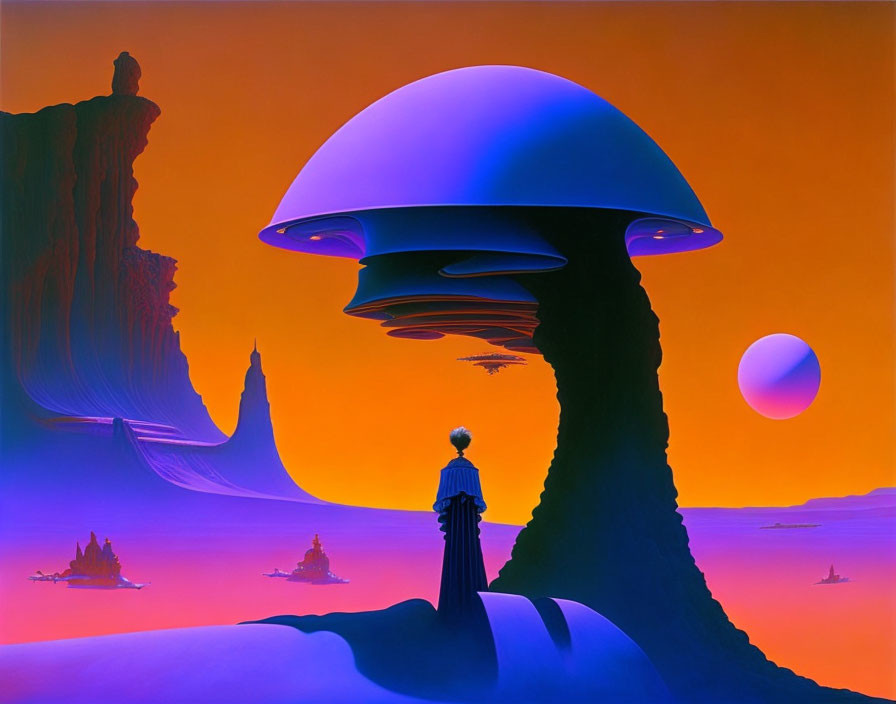 Surreal landscape with person, mushroom structure, orange sky, rock formations, and floating sphere