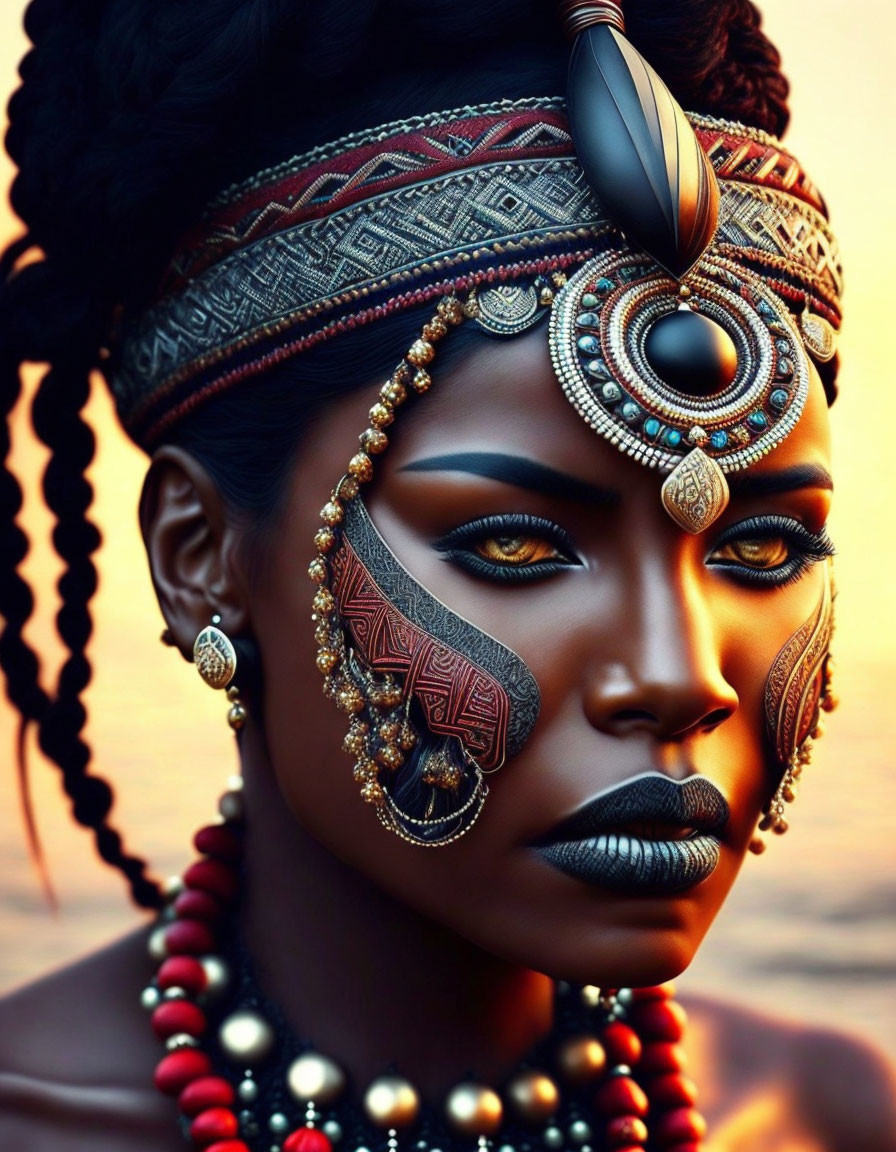 African woman in tribal attire with traditional makeup