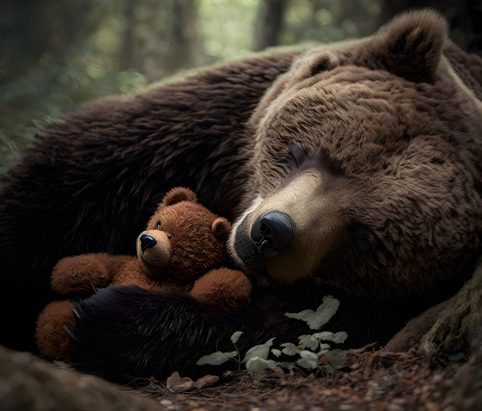 Real Bear and Teddy Bear Together in Forest: Serene Scene