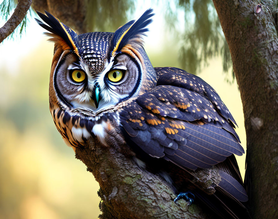 Detailed image: Owl perched on branch with yellow eyes & feather patterns