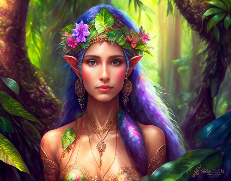 Fantastical Female Character with Pointed Ears and Multicolored Hair in Lush Green Setting