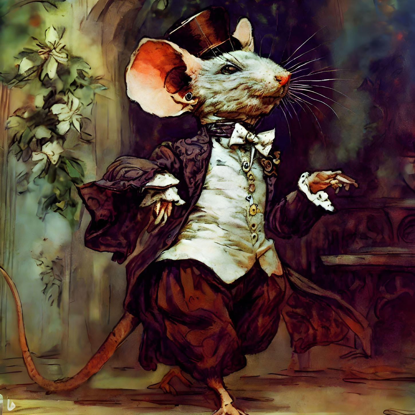 Anthropomorphic mouse in lavish suit and vintage setting