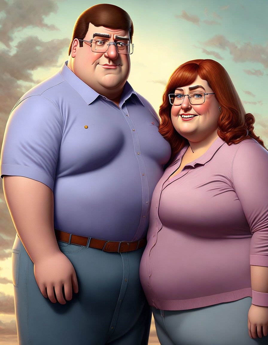 Animated couple in blue and pink shirts against sky backdrop