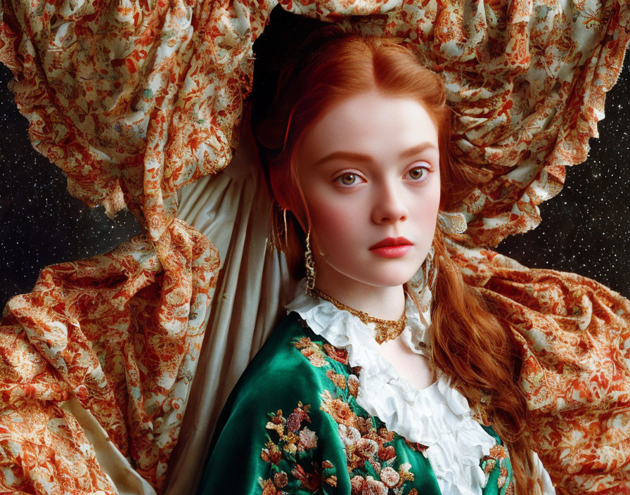 Red-haired woman in vintage green and gold dress with lace detail on starry background