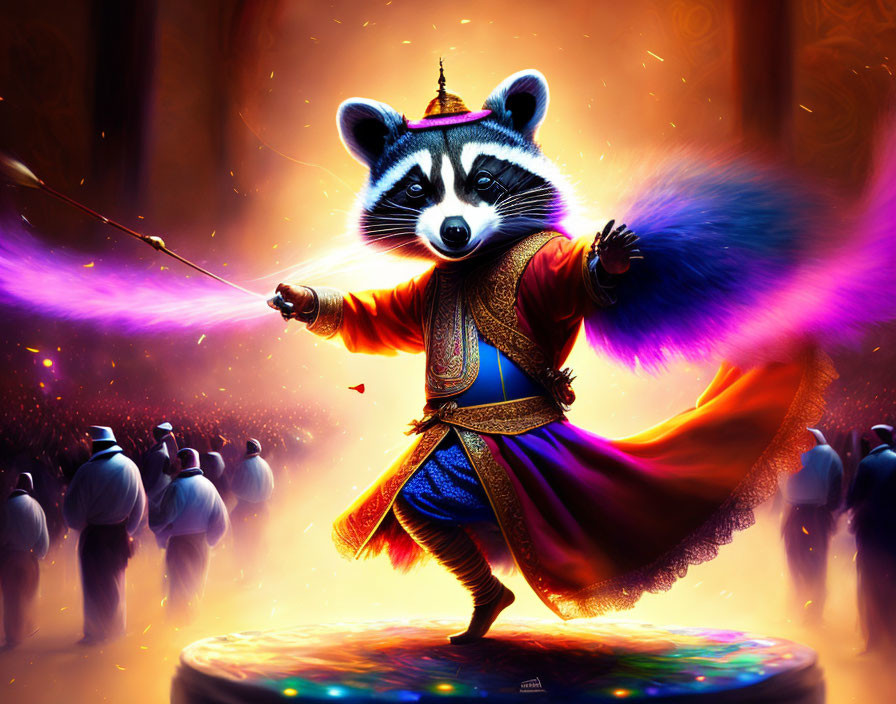 Anthropomorphic raccoon in traditional Asian attire performs with staff on stage.