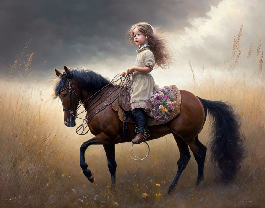 Young girl riding brown horse in flower-adorned dress under stormy sky