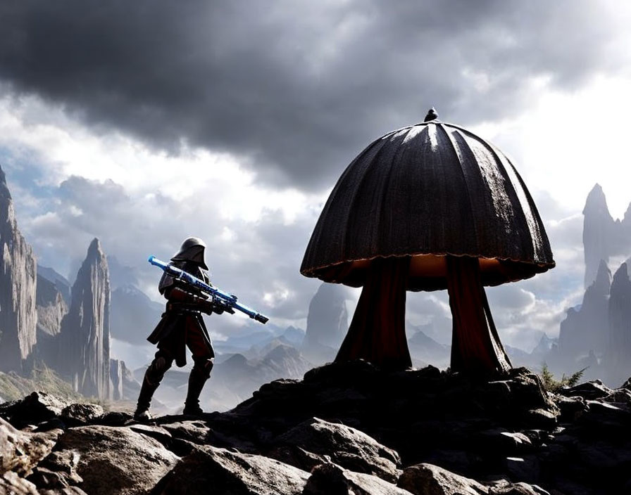 Mandalorian-like Figure at Alien Structure in Dramatic Landscape