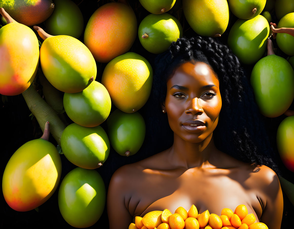 Dark-haired woman surrounded by mangoes and kumquats in vibrant tropical scene