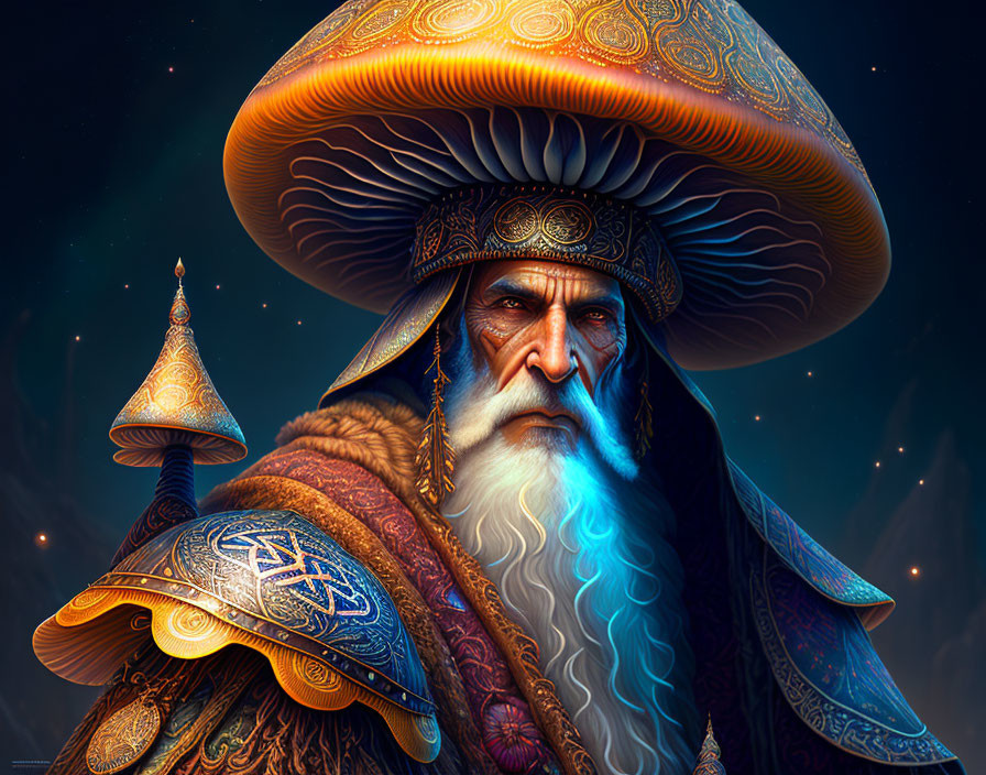 Wizard illustration with mushroom hat, ornate armor, and glowing blue beard on starry night background