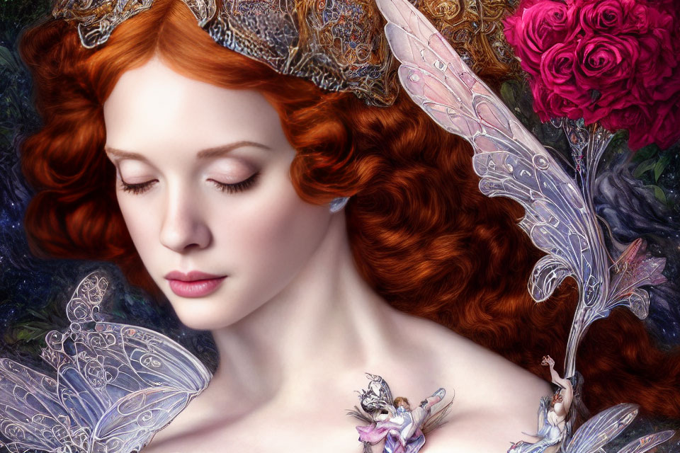 Serene woman with red hair and fairy wings in floral fairy scene