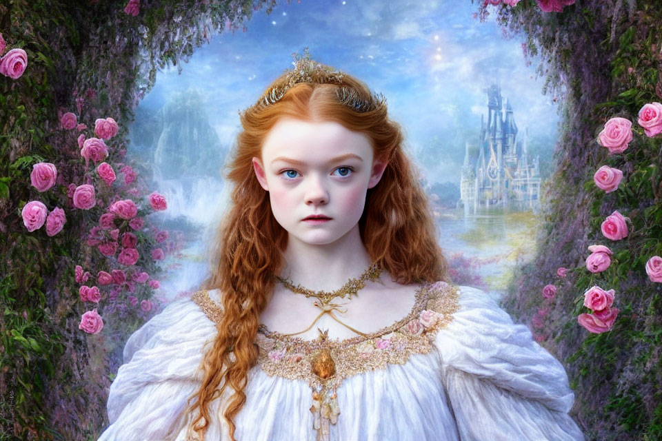 Red-haired woman in white gown before floral hedge and castle.