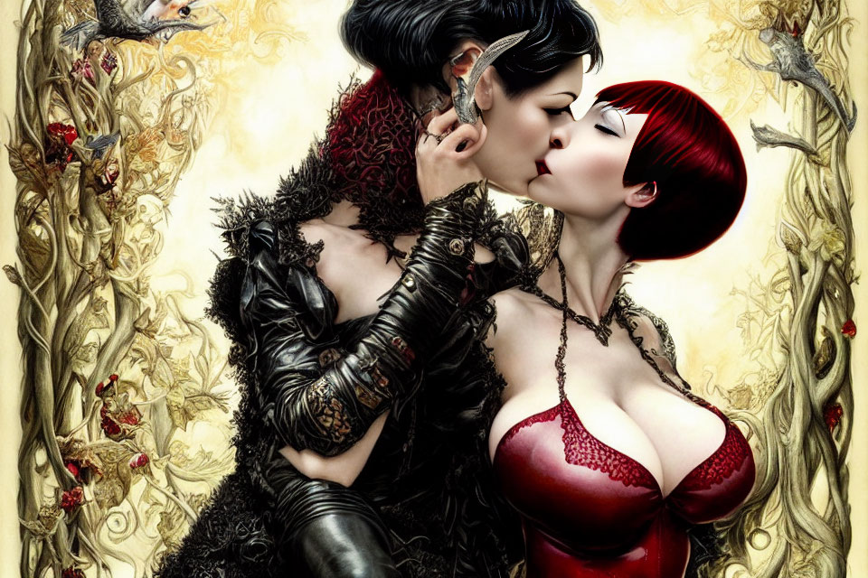 Stylized women with black and red hair embracing amidst ornate floral details and birds