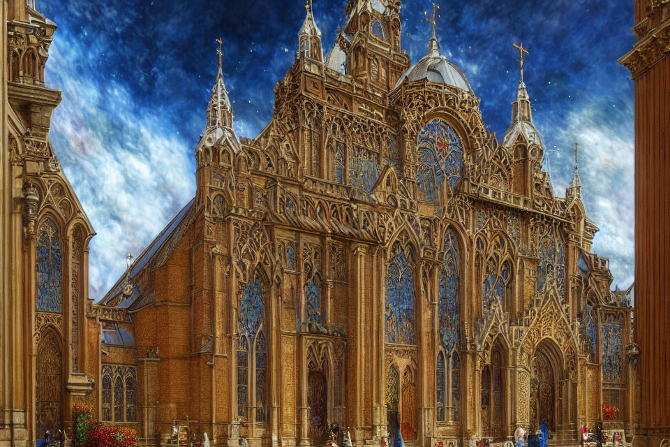 Elaborate Gothic cathedral with dramatic spires and ornate facade