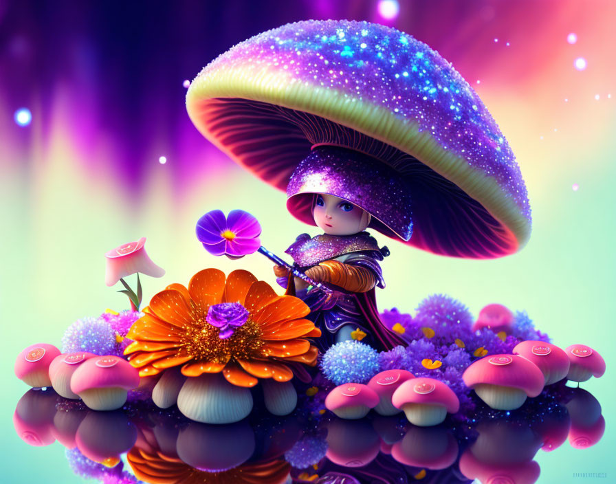 Colorful Character Illustration with Mushroom Hat and Flower on Vibrant Background