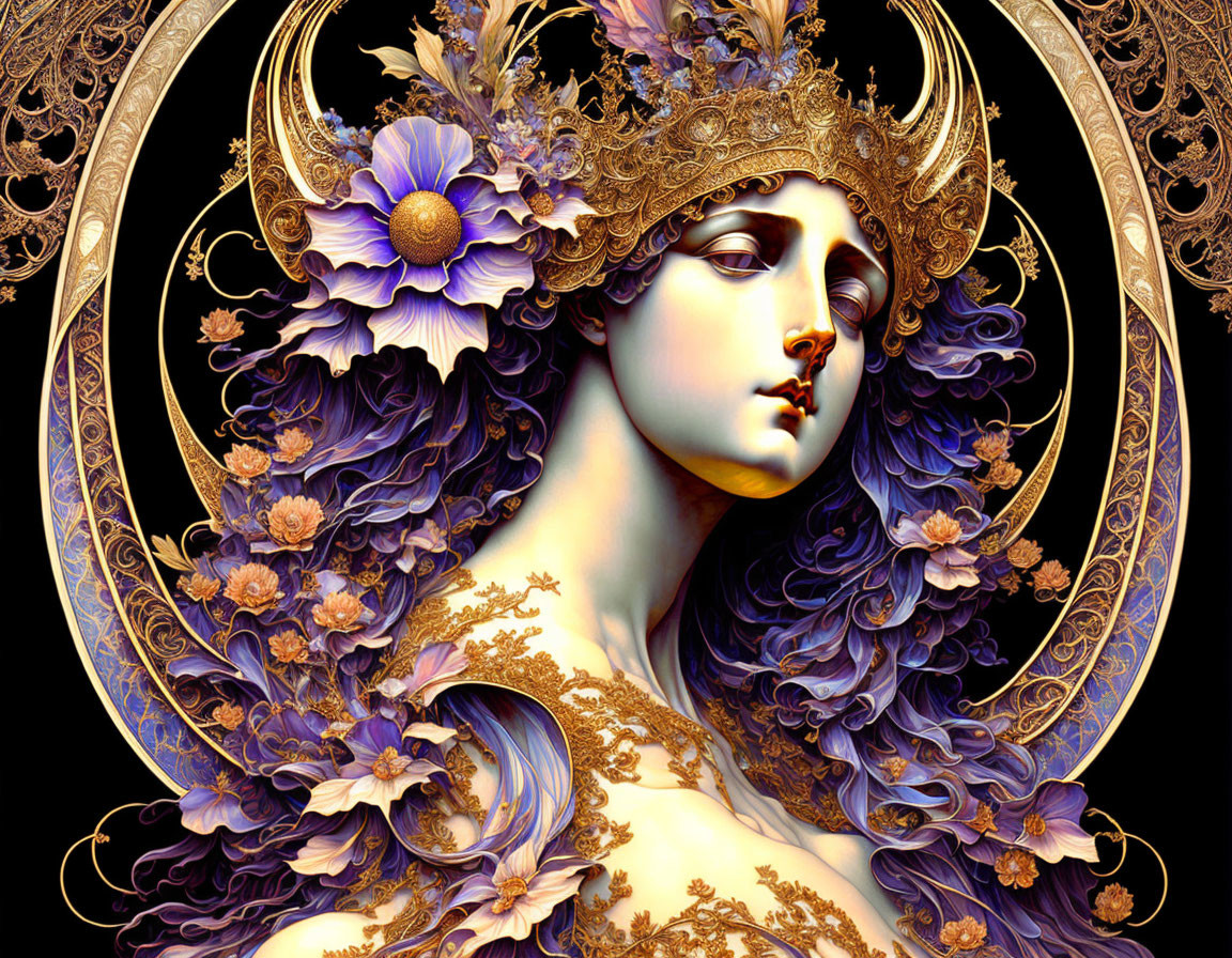 Elaborate Golden Headdress on Woman in Digital Art