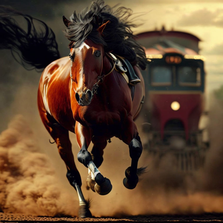 Chestnut horse galloping beside vintage train under dramatic sky