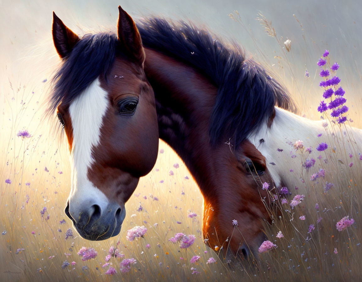 Brown and White Horses Grazing in Field with Purple Wildflowers