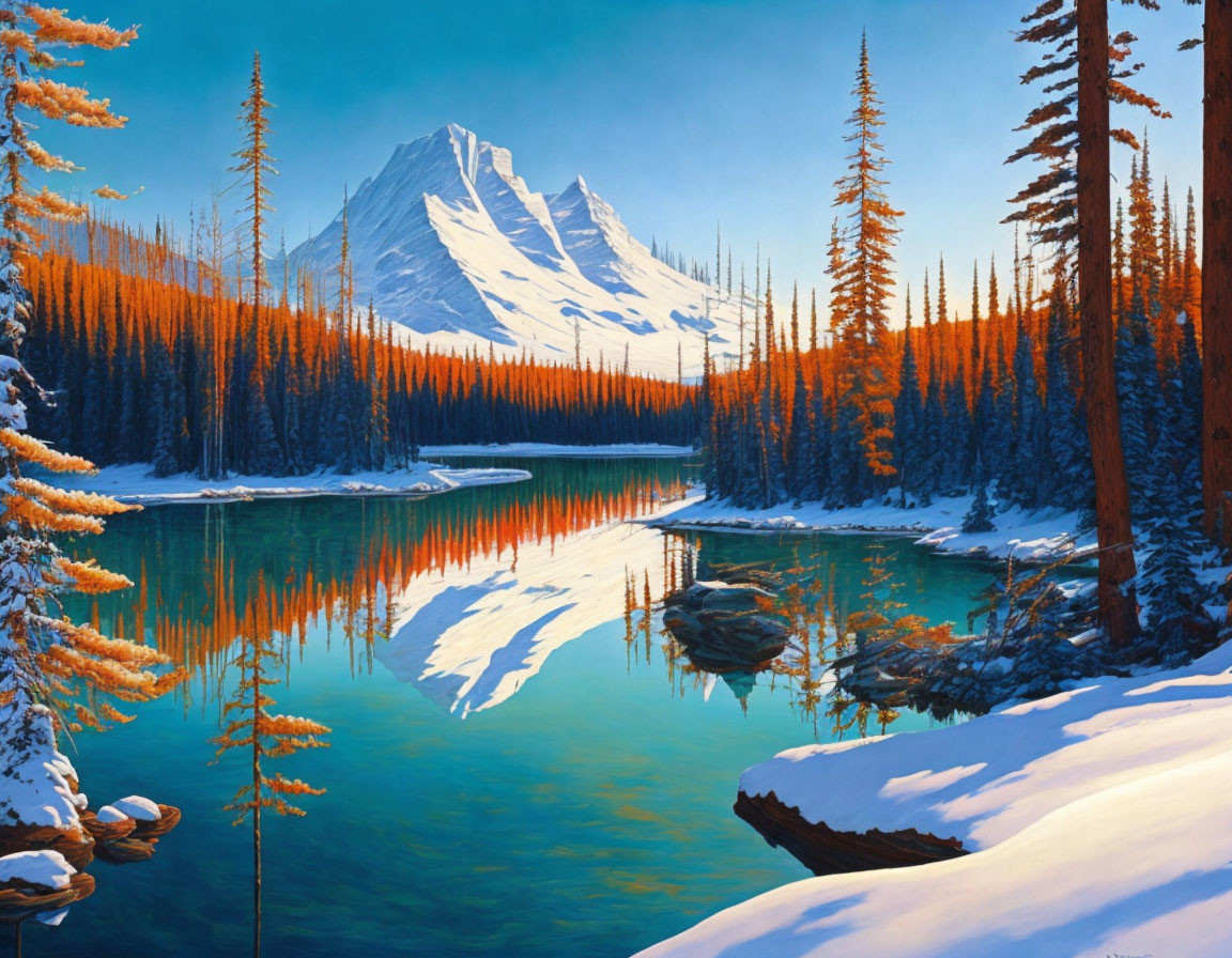 Snow-covered winter landscape with lake, golden trees, and mountain under blue sky