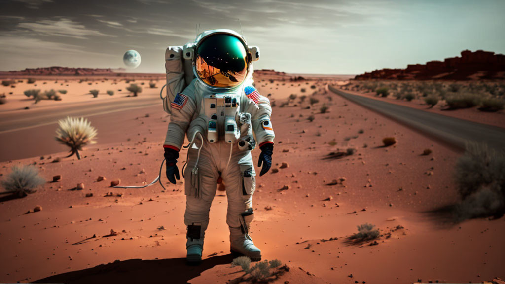 Astronaut in space suit on Mars-like landscape with large moon.