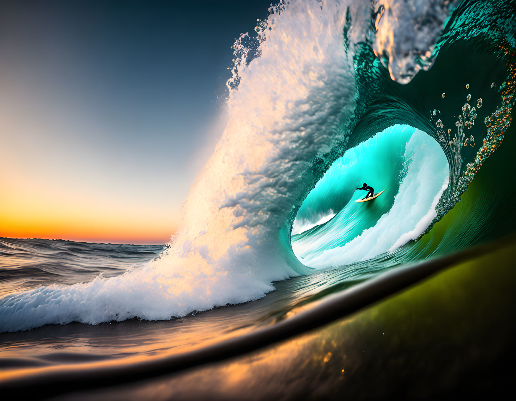 Surfer riding towering wave under vibrant sunset