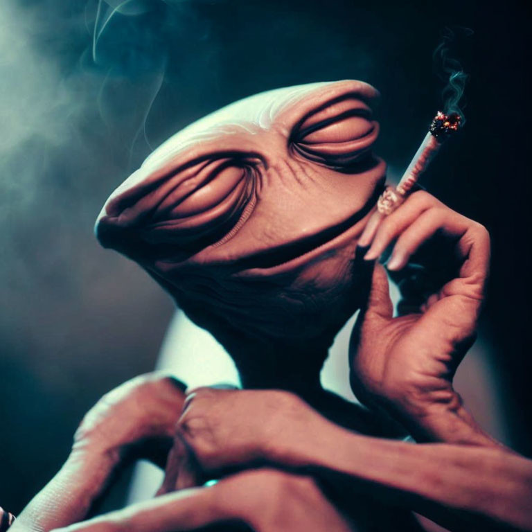 Alien figure holding lit cigarette with closed eyes in moody setting