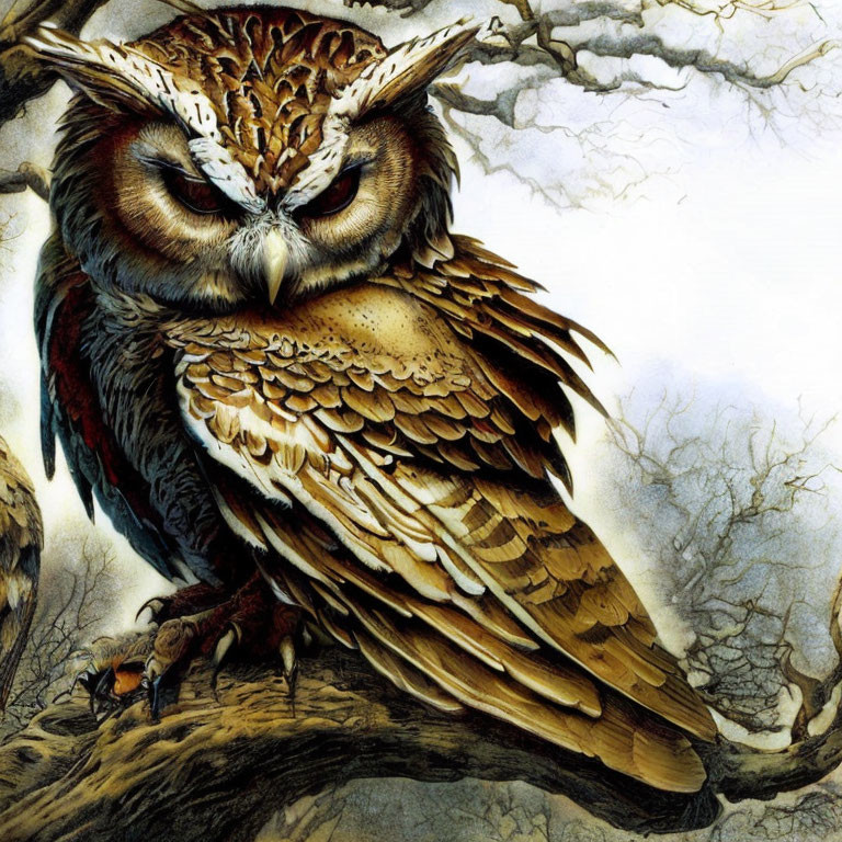 Detailed Illustration: Majestic Owl on Winter Tree Branch