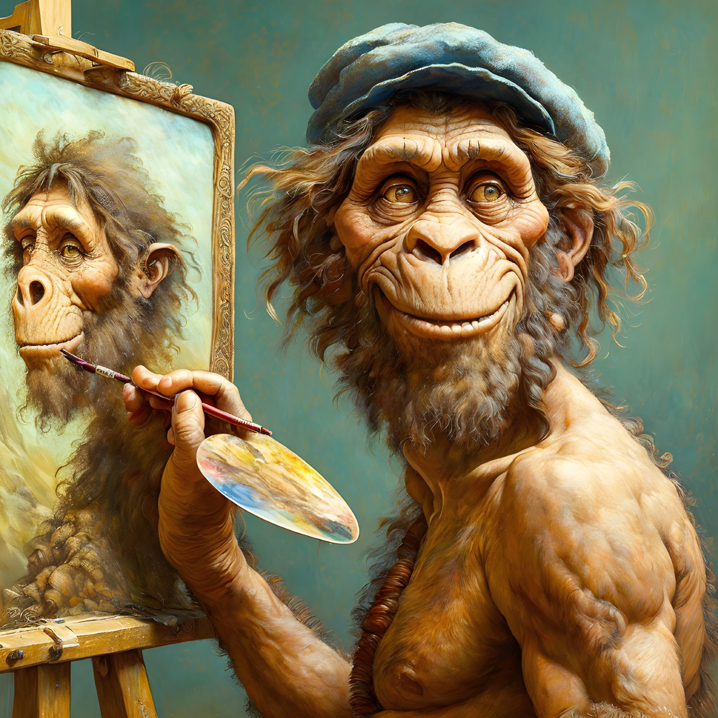 Smiling monkey artist painting on canvas