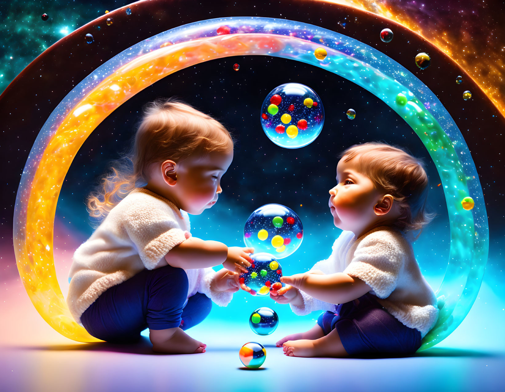 Colorful cosmic bubbles with toddlers in space backdrop