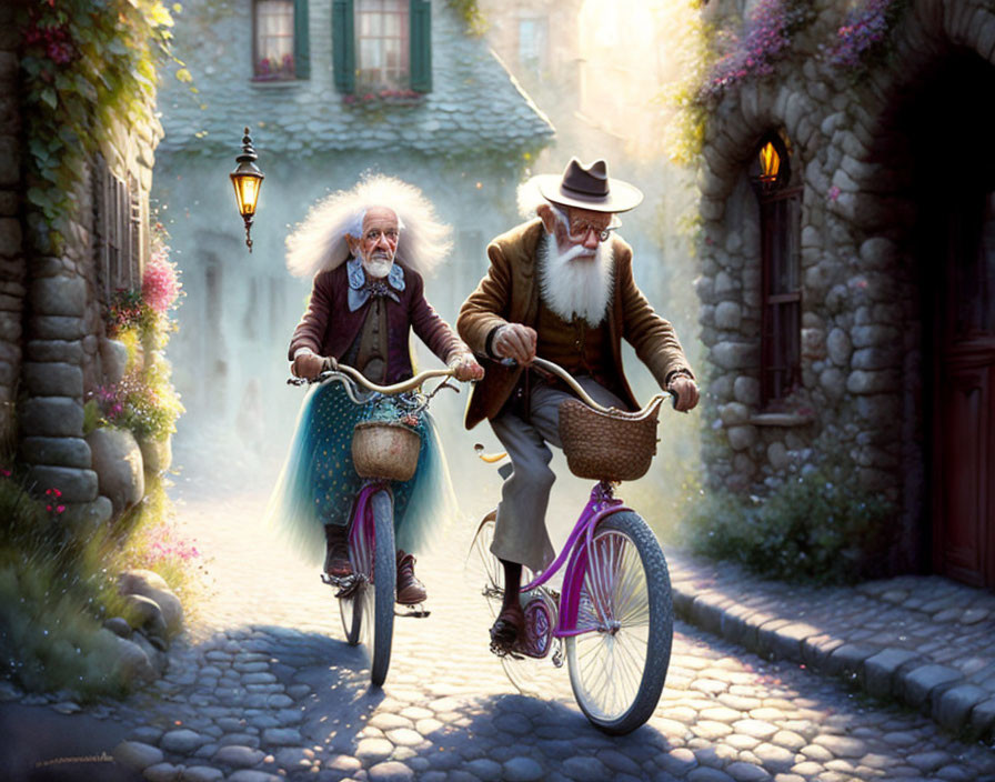 Elderly men on bike ride in quaint village with floral decor