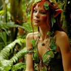 Red-haired woman with pointed ears in forest fairy attire in green woodland.