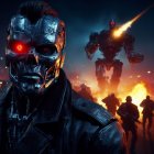 Cybernetic skull with red glowing eyes in leather jacket amidst chaotic battle scene