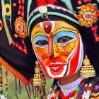 Vibrant traditional mask with intricate facial paint and colorful embroidery