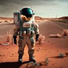 Astronaut in space suit on Mars-like landscape with large moon.