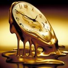 Surreal artwork: Melting golden clock on ambiguous form in warm backdrop